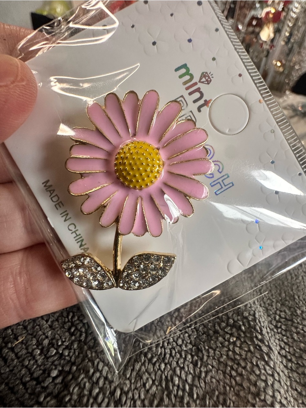 Daisy Pink Enamel Flower Brooch with Yellow Center and Rhinestone Leaves